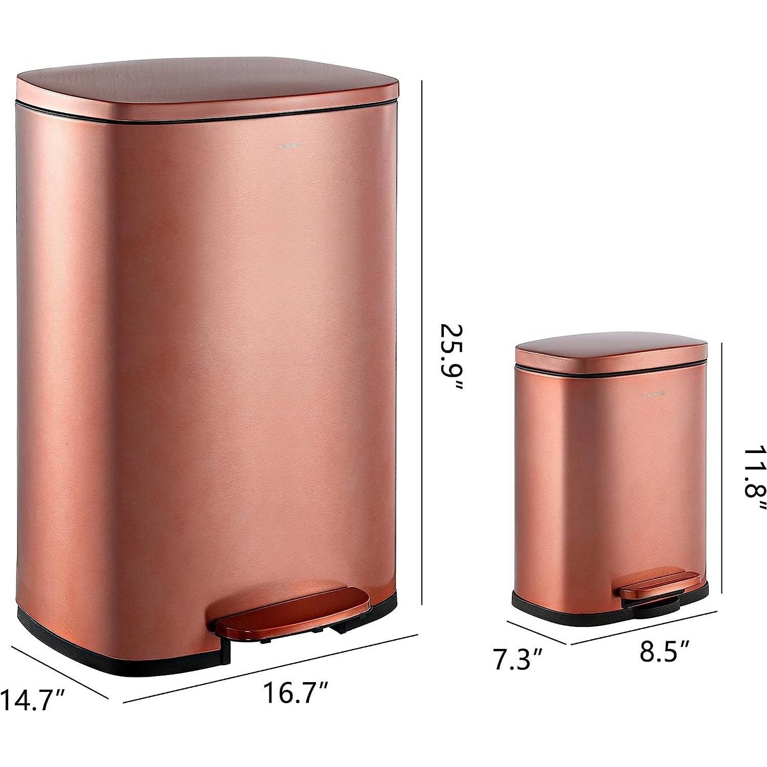 Set of 2 - Copper Gold Step-on Trash Can - 13-Gallon and 1.3-Gallon - PRHOMZ