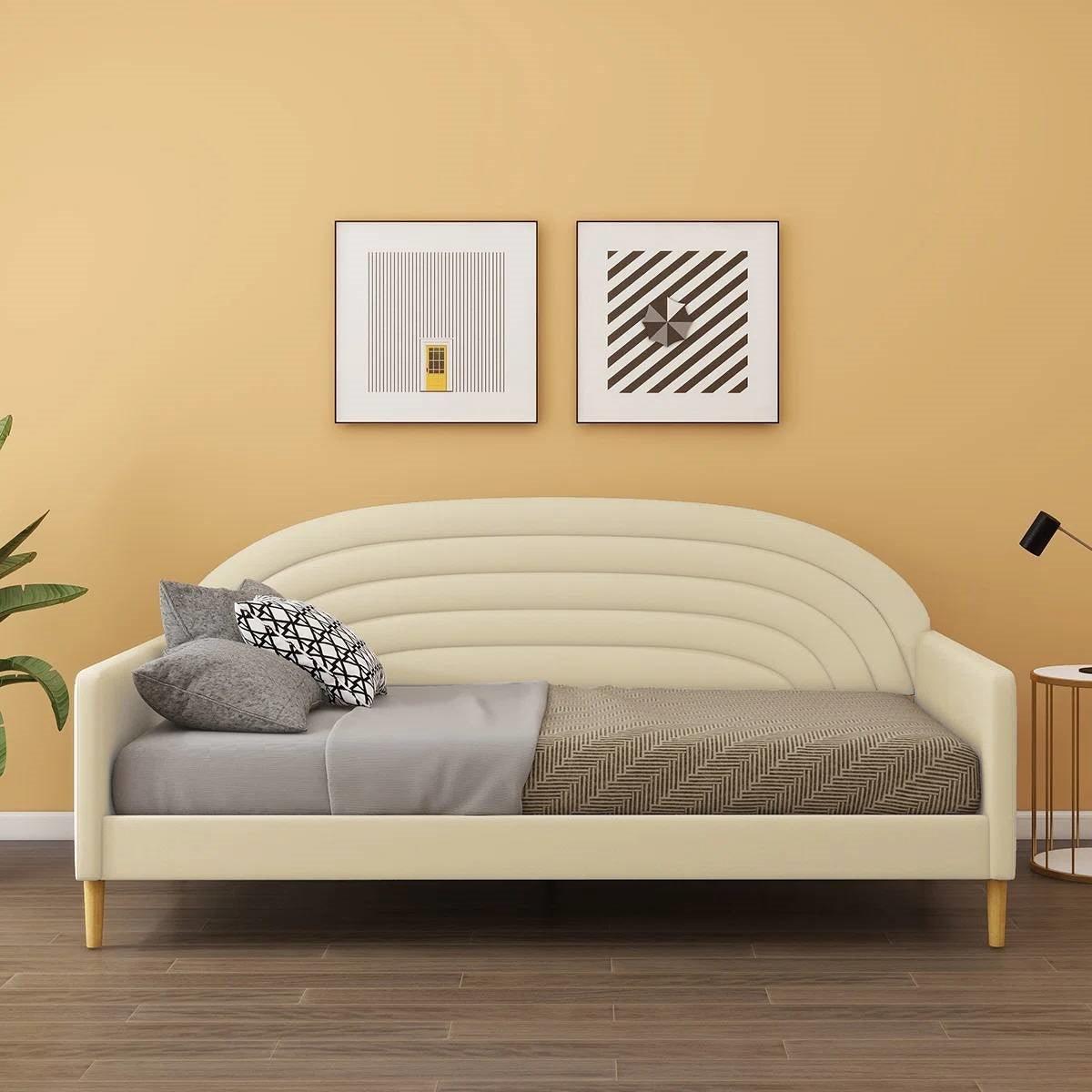 Twin size Mid-Century Modern Off-White Cream Velvet Upholstered Daybed - PRHOMZ