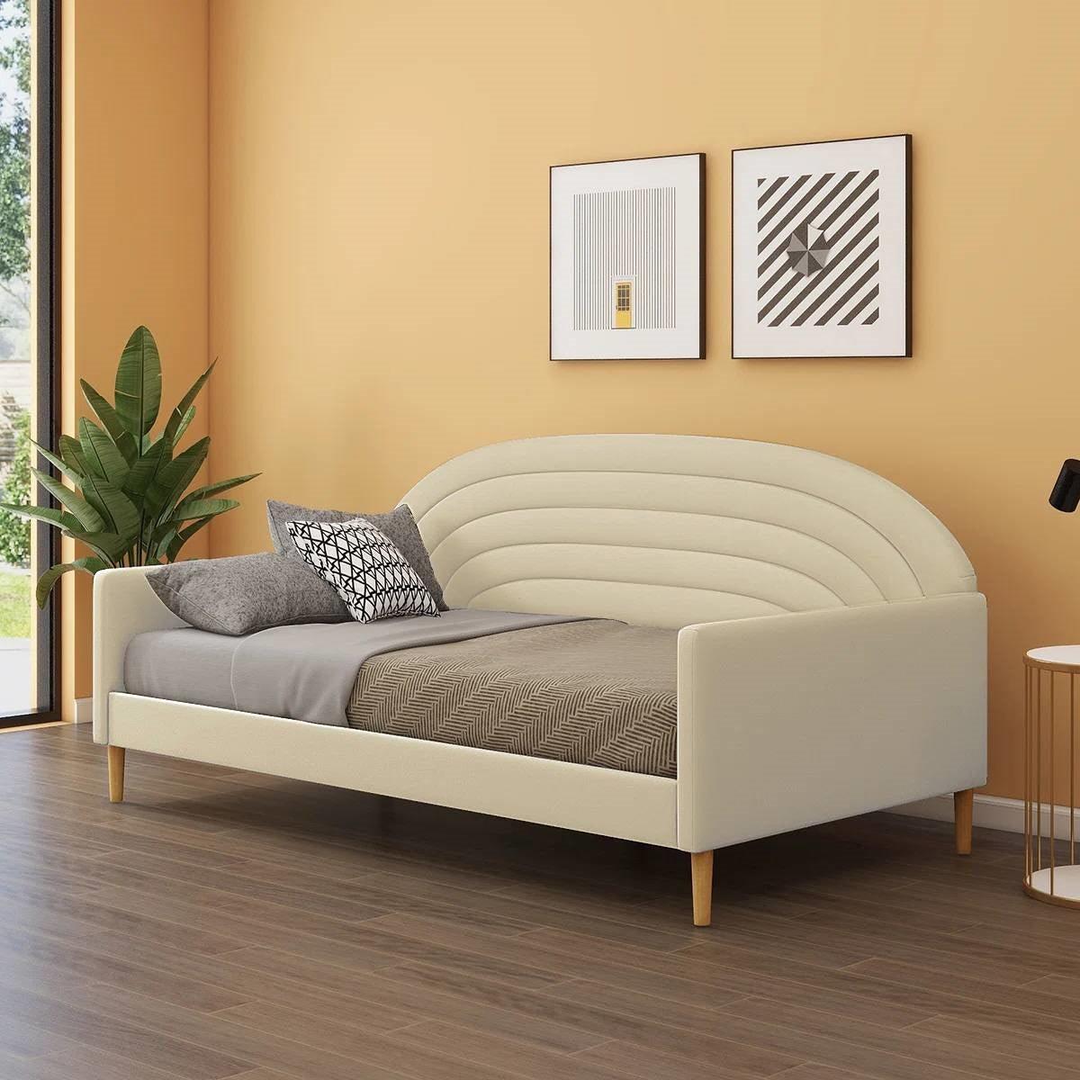Twin size Mid-Century Modern Off-White Cream Velvet Upholstered Daybed - PRHOMZ
