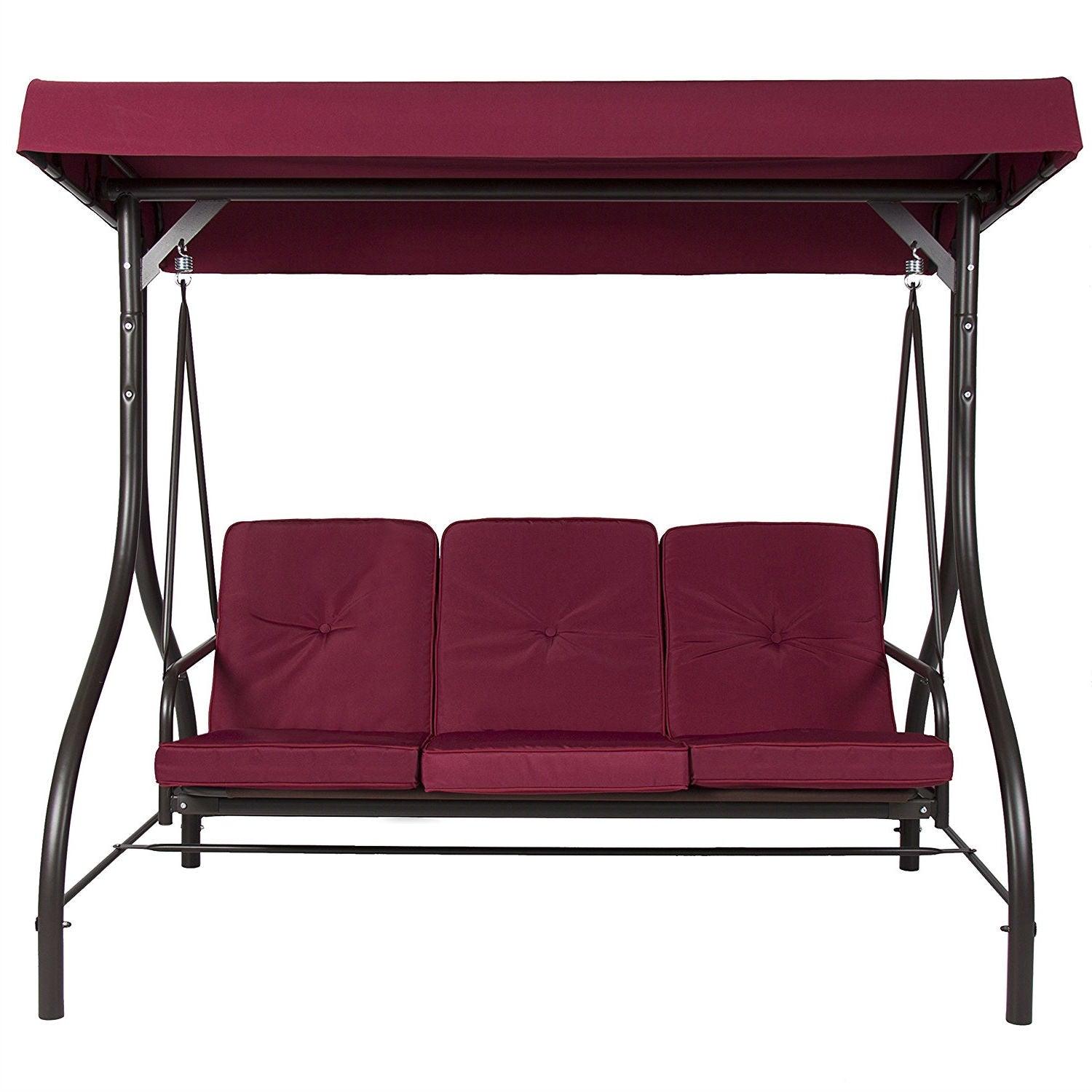 Burgundy Outdoor Patio Deck Porch Canopy Swing with Cushions - PRHOMZ