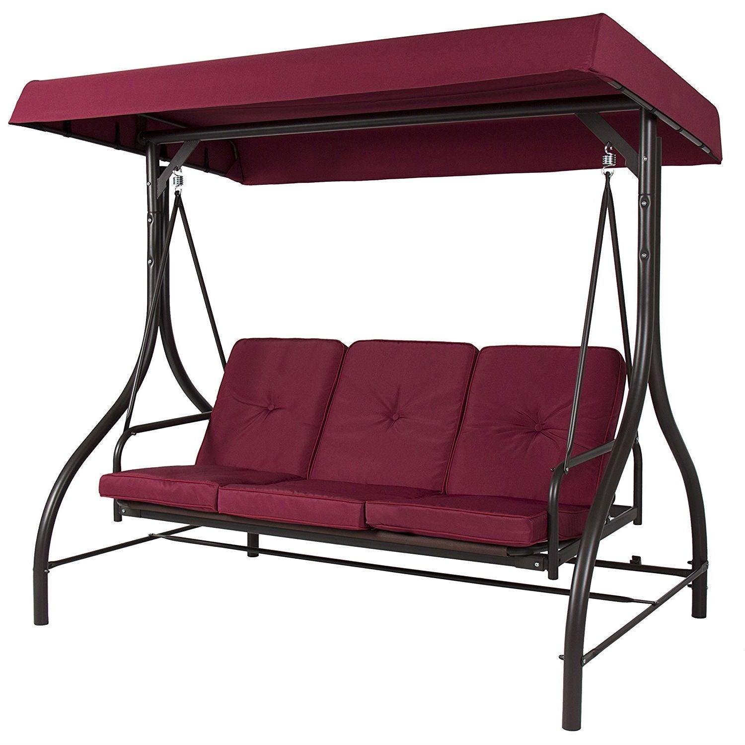 Burgundy Outdoor Patio Deck Porch Canopy Swing with Cushions - PRHOMZ