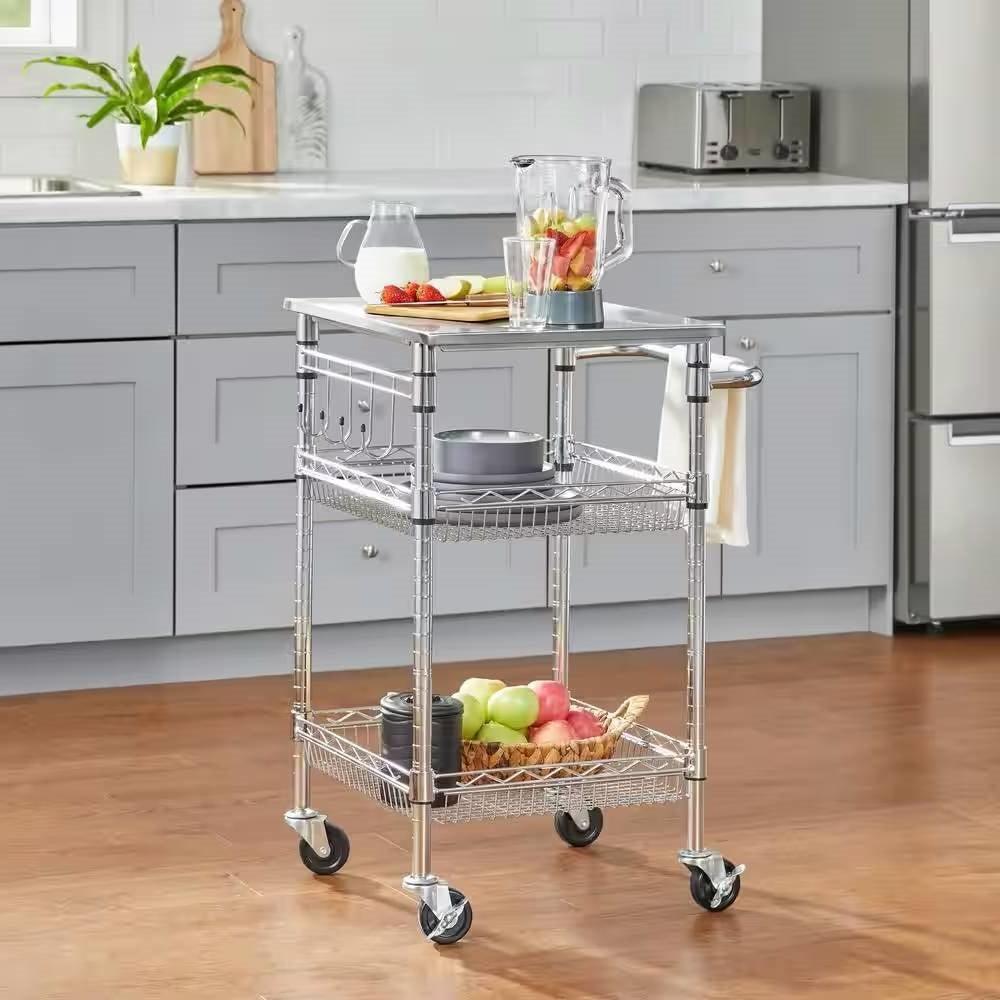 Compact Kitchen Cart with Stainless Steel Top and 2 Bottom Storage Shelves - PRHOMZ