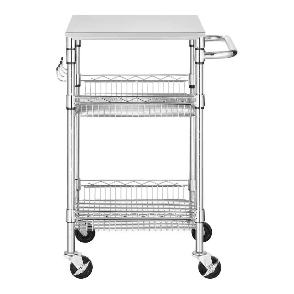 Compact Kitchen Cart with Stainless Steel Top and 2 Bottom Storage Shelves - PRHOMZ