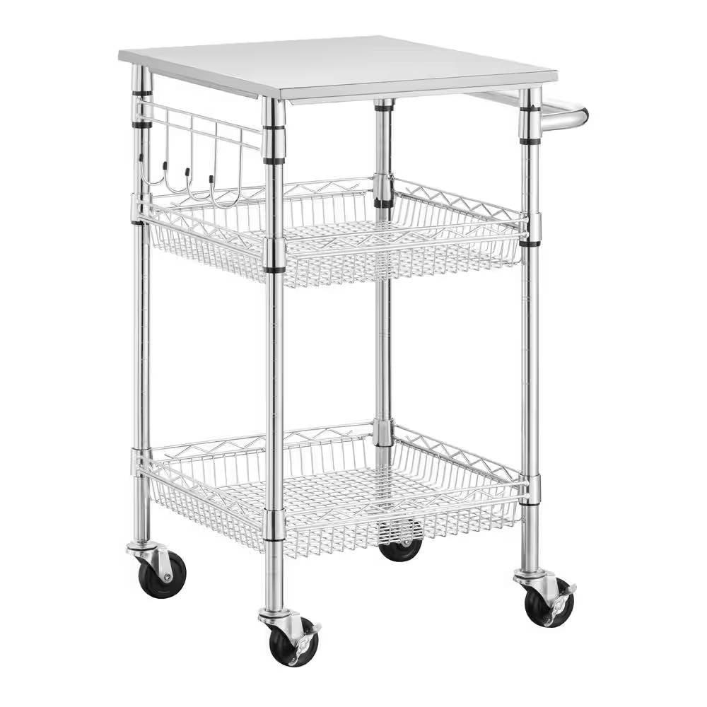 Compact Kitchen Cart with Stainless Steel Top and 2 Bottom Storage Shelves - PRHOMZ