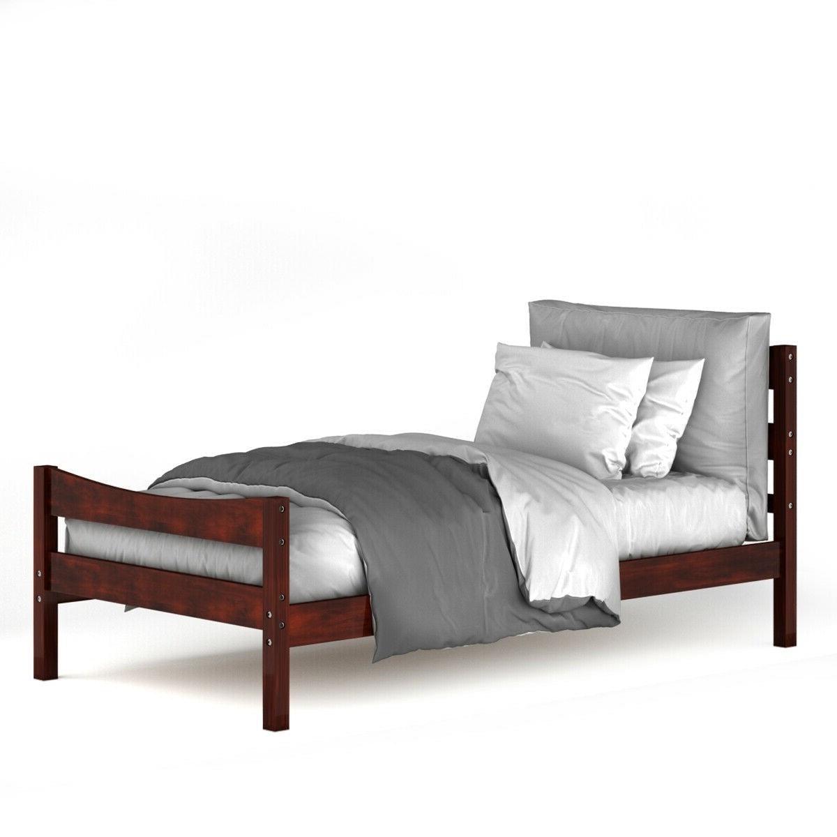 Twin size Farmhouse Style Pine Wood Platform Bed Frame in Walnut - PRHOMZ