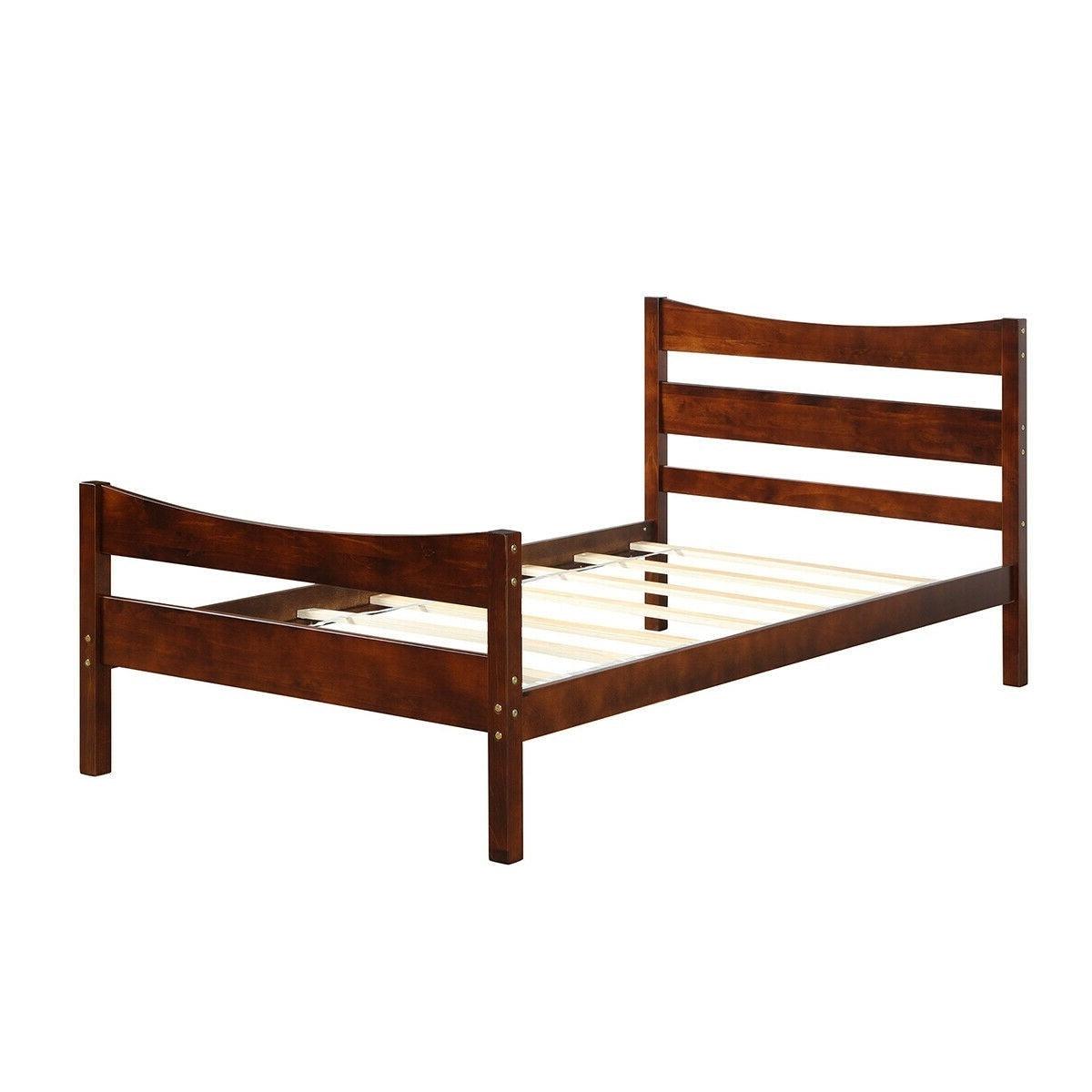 Twin size Farmhouse Style Pine Wood Platform Bed Frame in Walnut - PRHOMZ