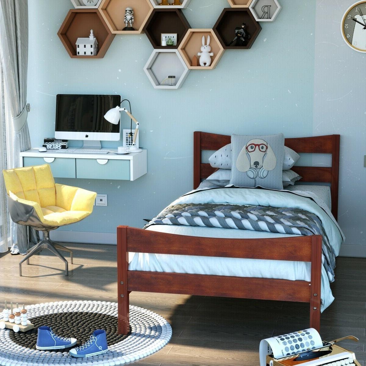 Twin size Farmhouse Style Pine Wood Platform Bed Frame in Walnut - PRHOMZ