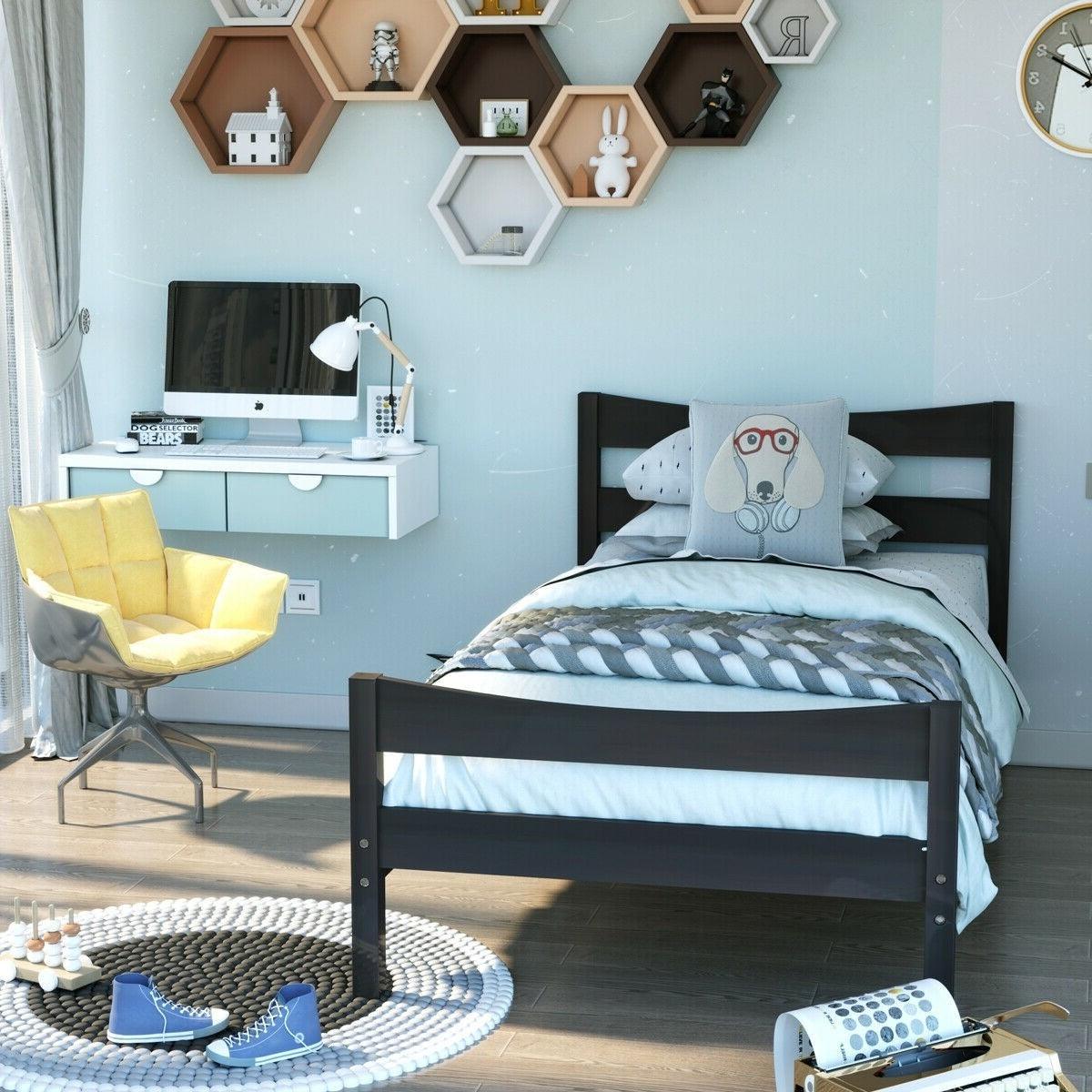 Twin size Farmhouse Style Pine Wood Platform Bed Frame in Espresso - PRHOMZ