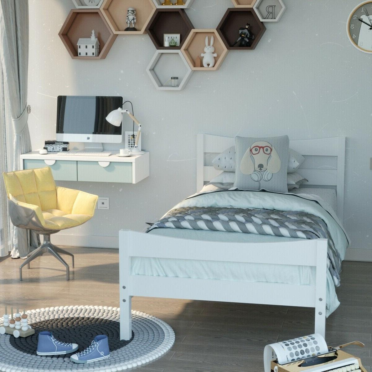 Twin size Farmhouse Style Pine Wood Platform Bed Frame in White - PRHOMZ