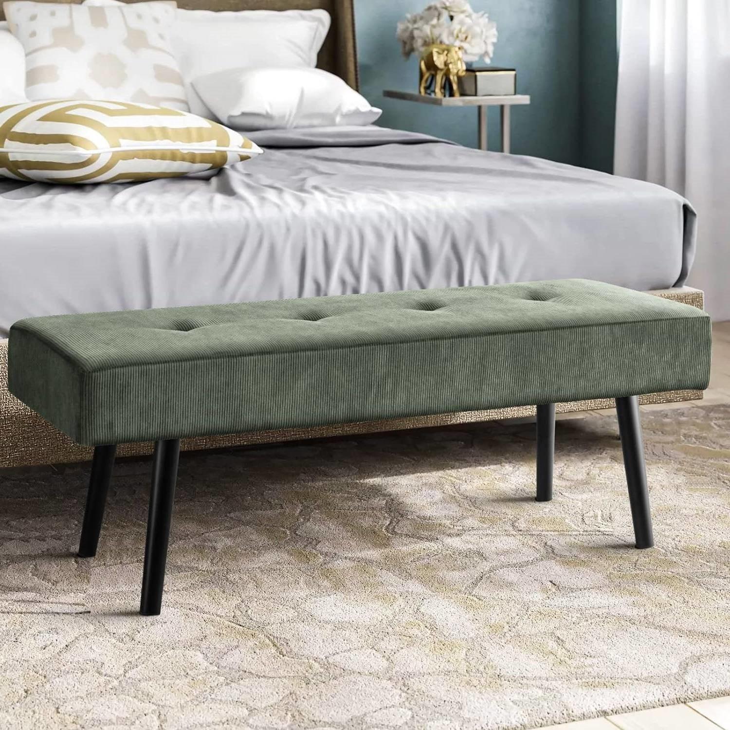 Mid-Century Green Corduroy Upholstered End of Bed Bench with Black Metal Legs - PRHOMZ