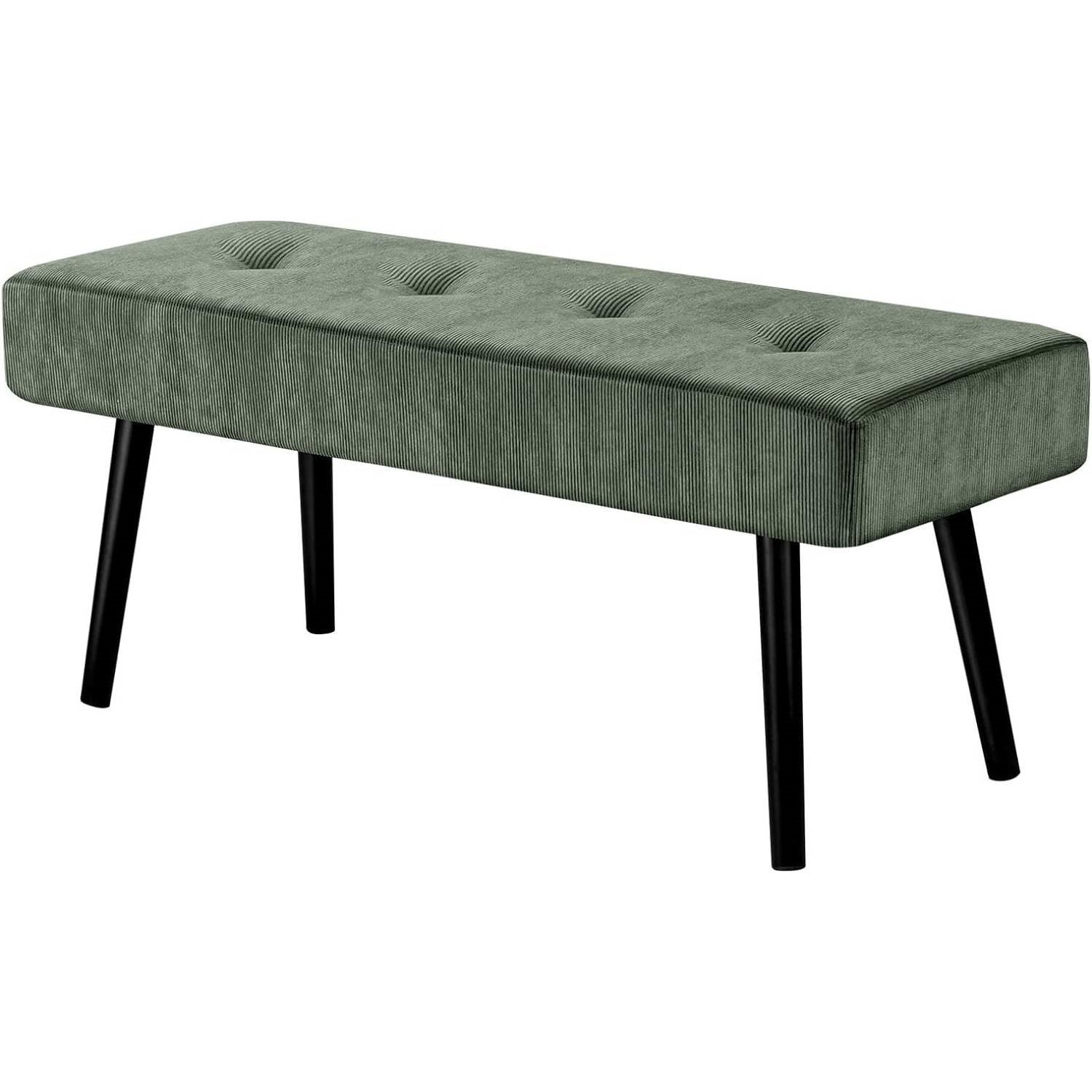 Mid-Century Green Corduroy Upholstered End of Bed Bench with Black Metal Legs - PRHOMZ