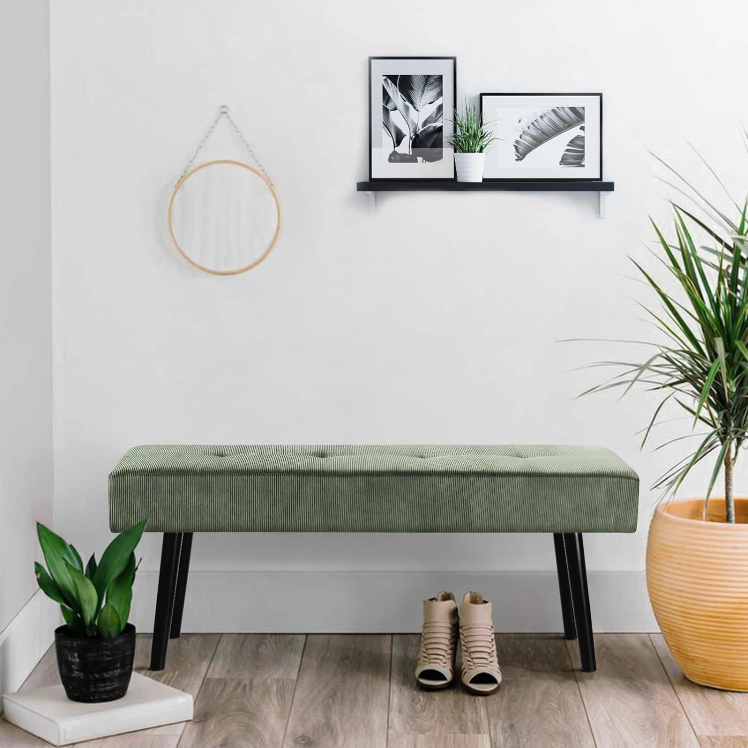 Mid-Century Green Corduroy Upholstered End of Bed Bench with Black Metal Legs - PRHOMZ