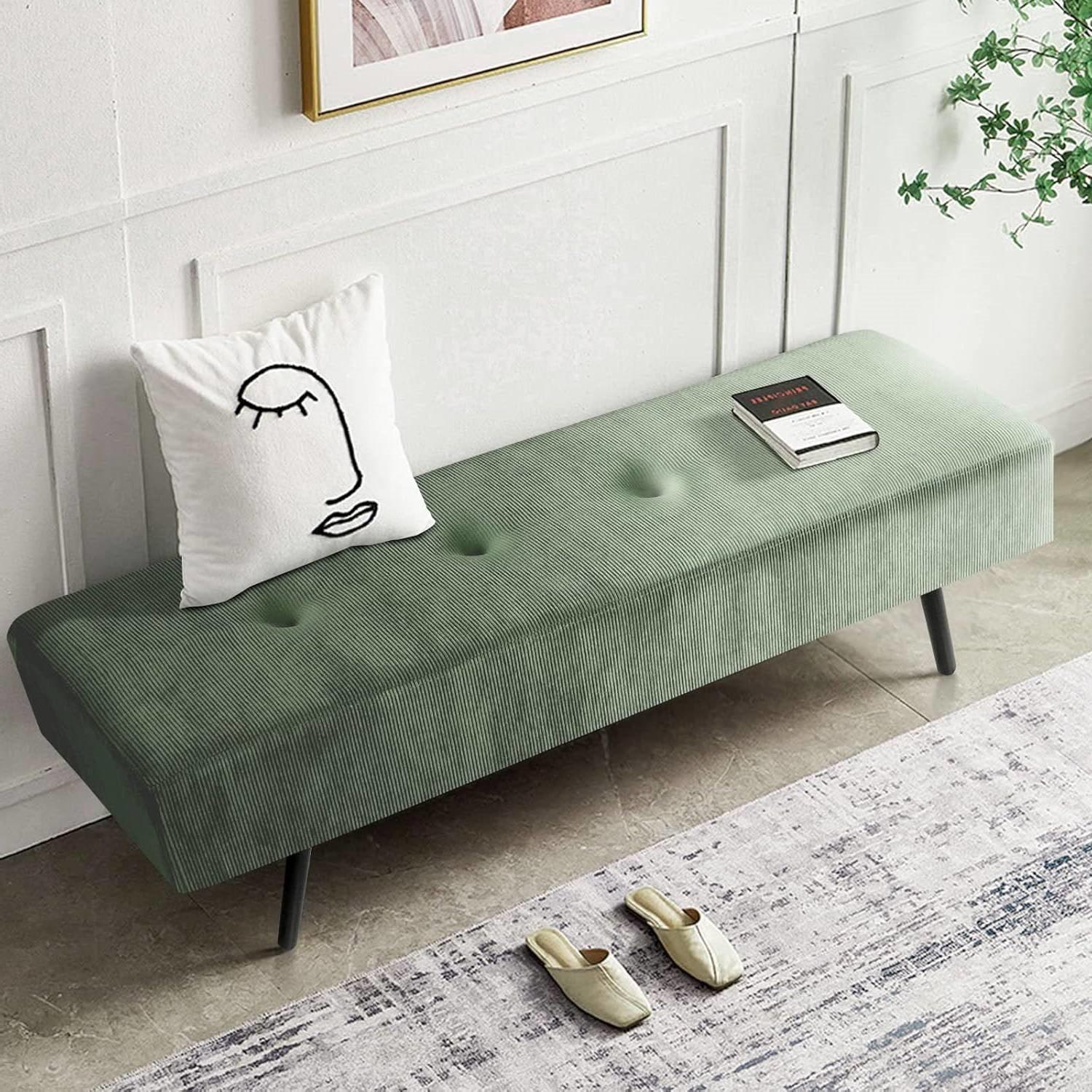 Mid-Century Green Corduroy Upholstered End of Bed Bench with Black Metal Legs - PRHOMZ