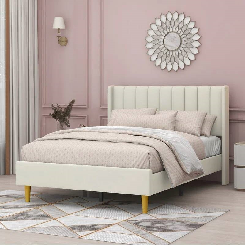 Full size Mid-Century Platform Bed Frame with Cream Velvet Upholstered Headboard-0