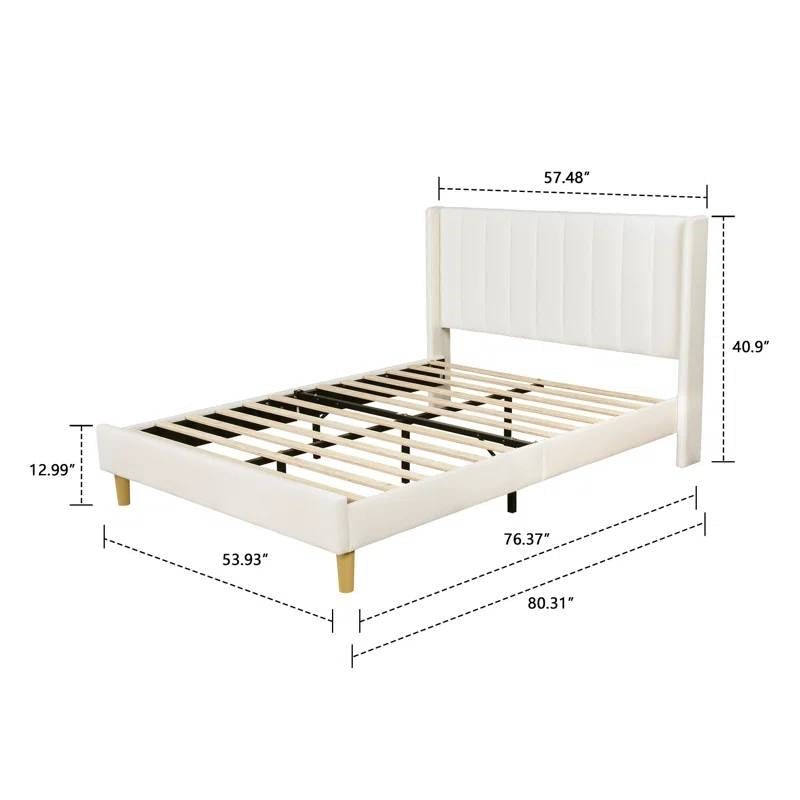 Full size Mid-Century Platform Bed Frame with Cream Velvet Upholstered Headboard-4