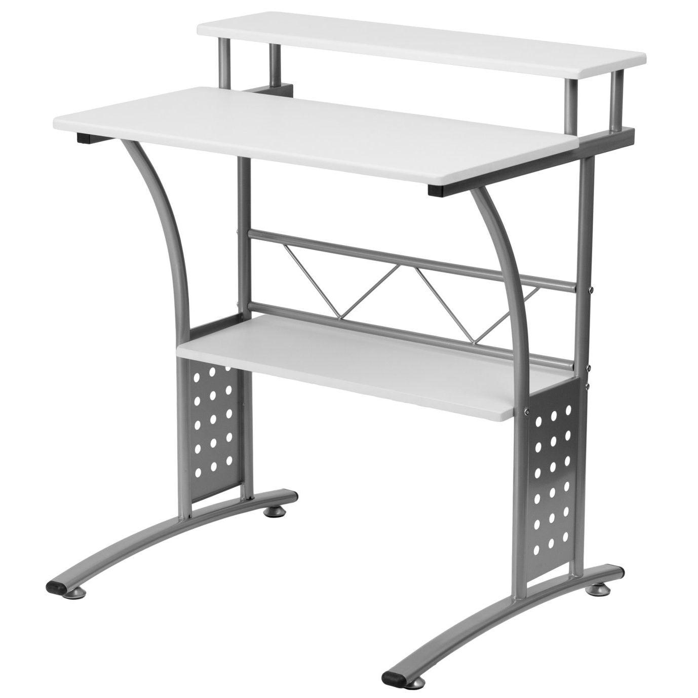 Modern Metal Frame Computer Desk with White Laminate Top and Raised Shelf - PRHOMZ