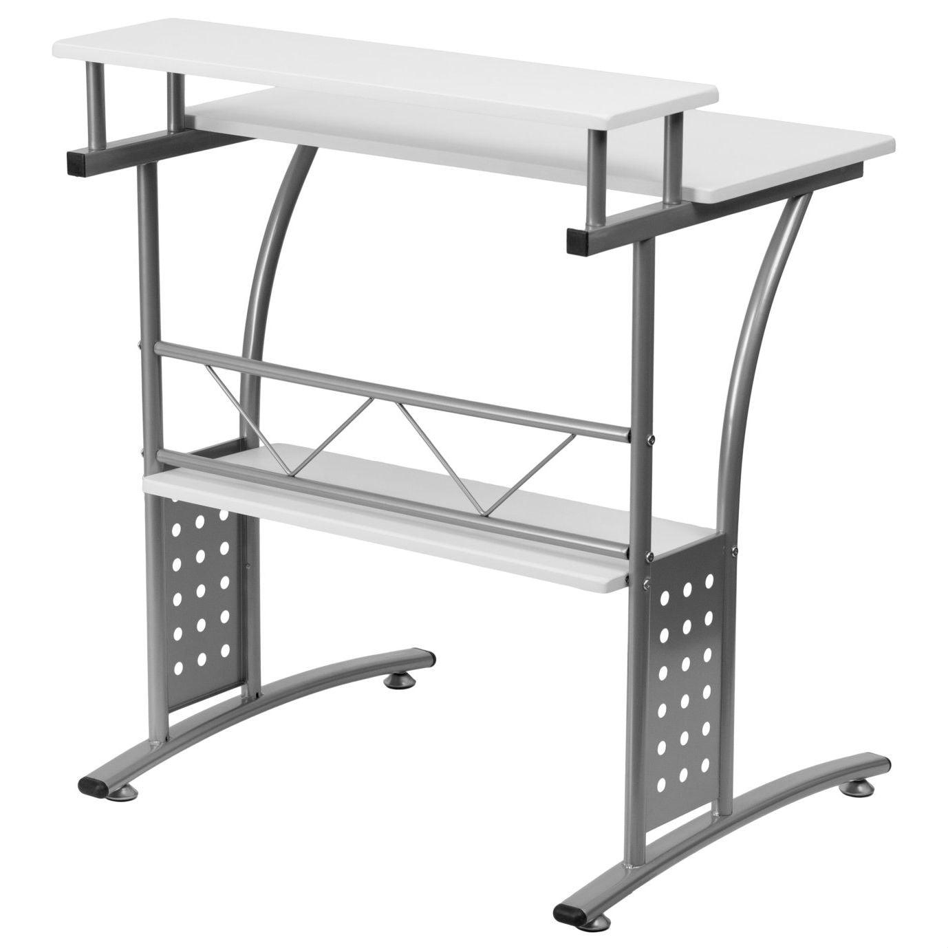 Modern Metal Frame Computer Desk with White Laminate Top and Raised Shelf - PRHOMZ