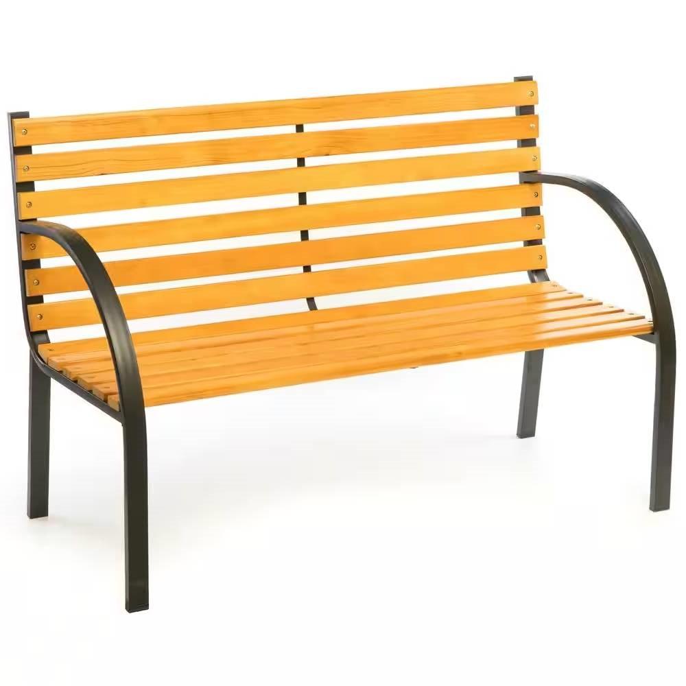 Outdoor Black Metal Frame Garden Bench with Wood Slats and Curved Armrests - PRHOMZ