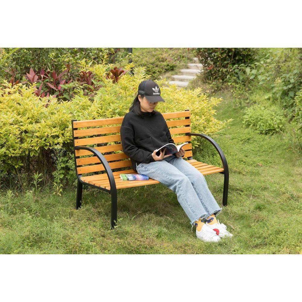 Outdoor Black Metal Frame Garden Bench with Wood Slats and Curved Armrests - PRHOMZ