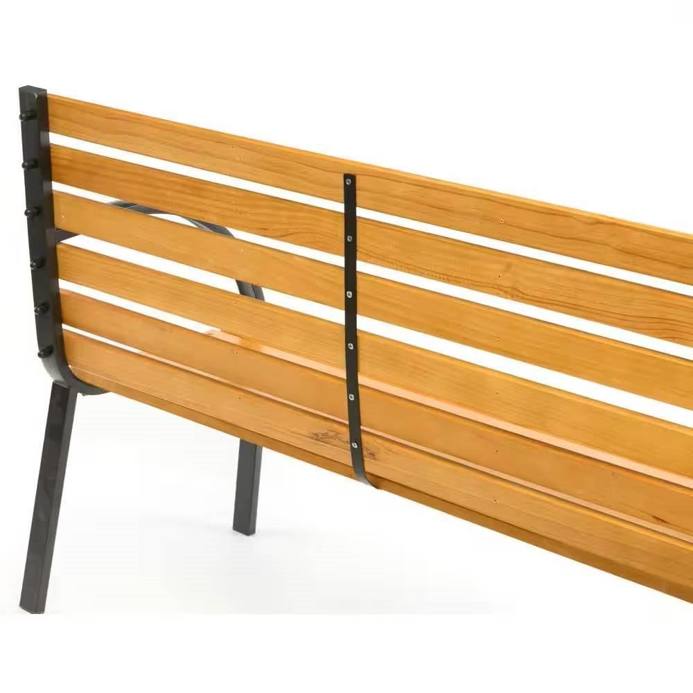 Outdoor Black Metal Frame Garden Bench with Wood Slats and Curved Armrests - PRHOMZ