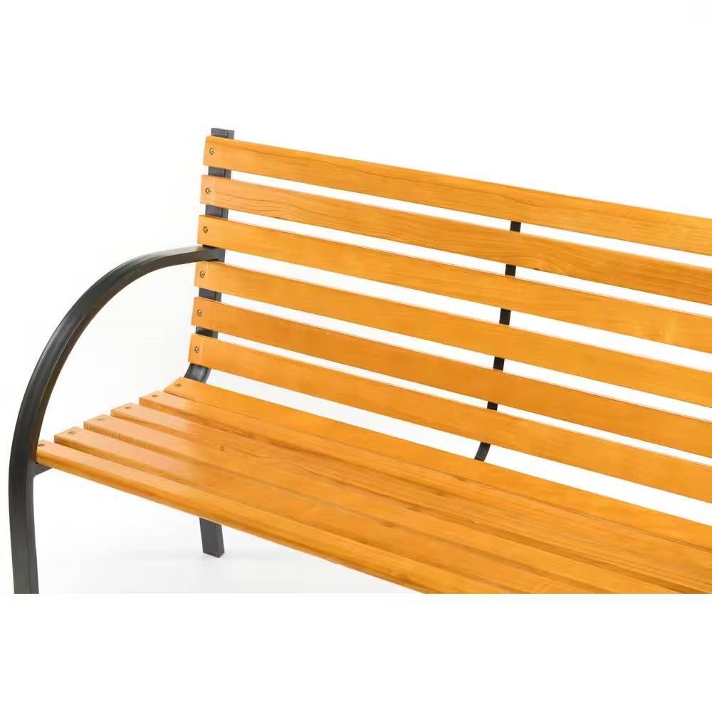 Outdoor Black Metal Frame Garden Bench with Wood Slats and Curved Armrests - PRHOMZ