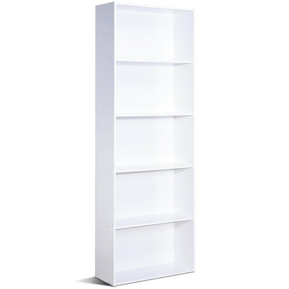 Modern 5-Tier Bookcase Storage Shelf in White Wood Finish - PRHOMZ
