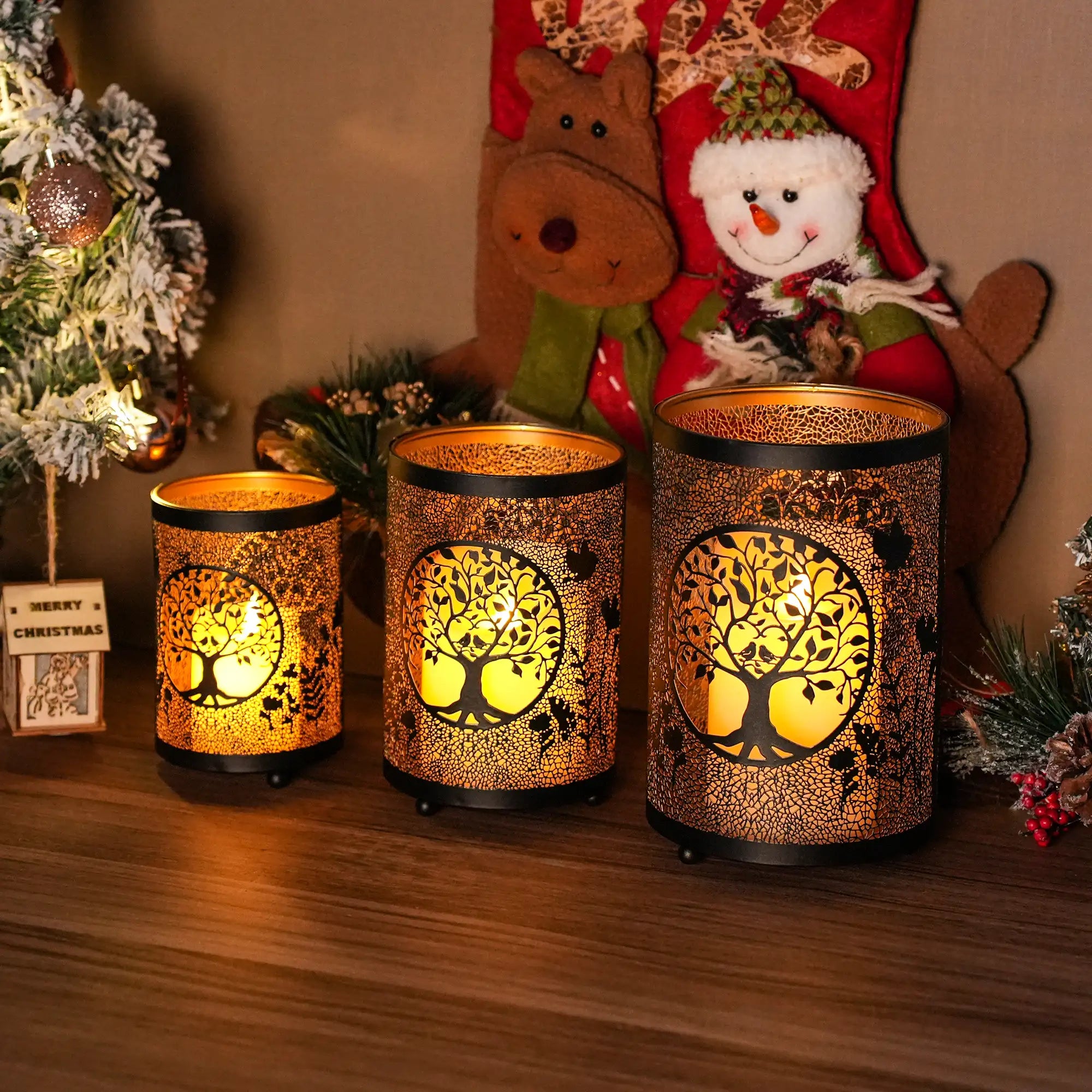 7" H Etched Metal Candle Holder Christmas Decorations Lantern-1