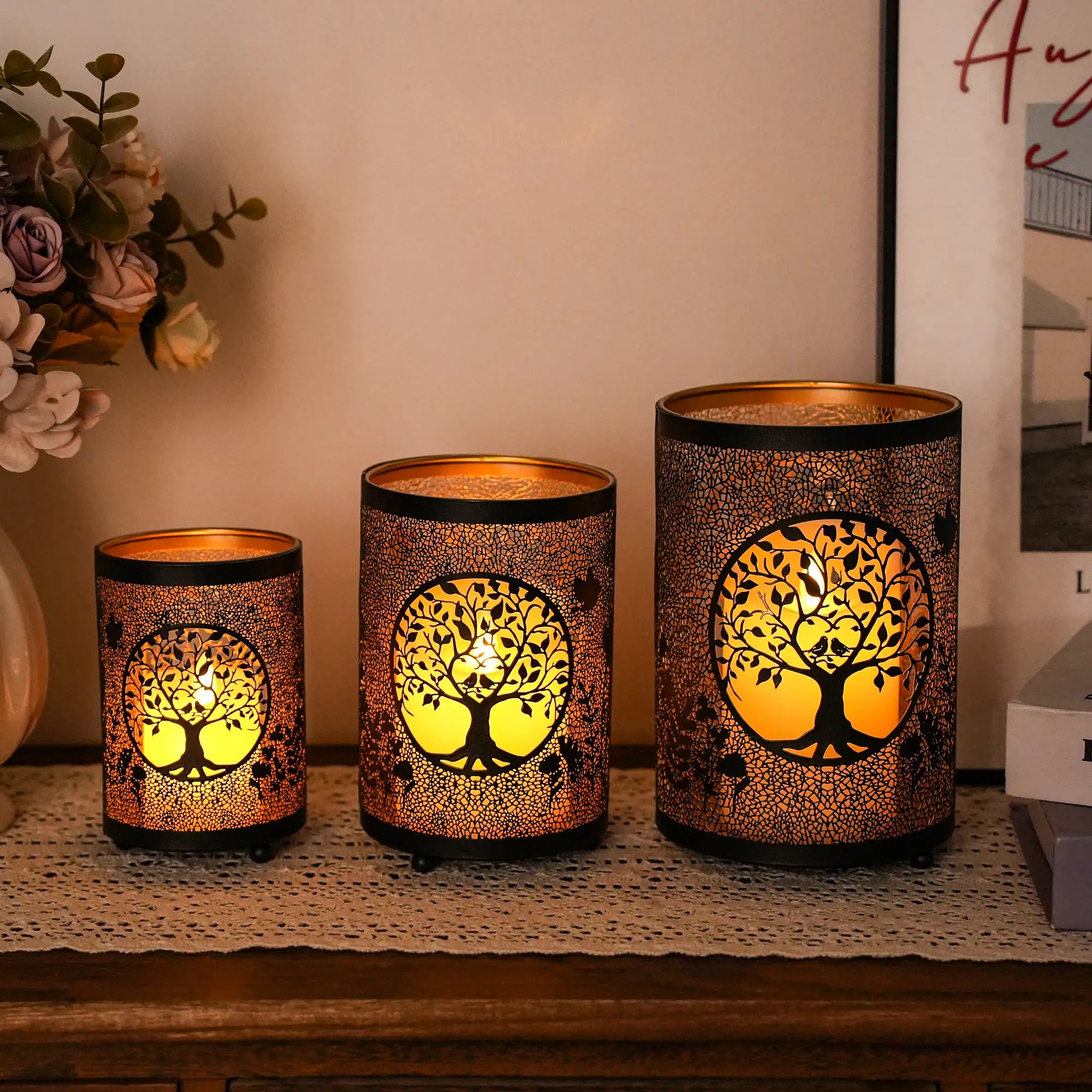 7" H Etched Metal Candle Holder Christmas Decorations Lantern-0