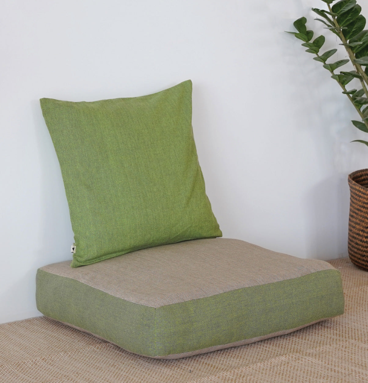 Large Floor Cushion (20x20") for Lounging & Meditation - Grey with Green Piping - 100% Cotton - Eco-Friendly-0