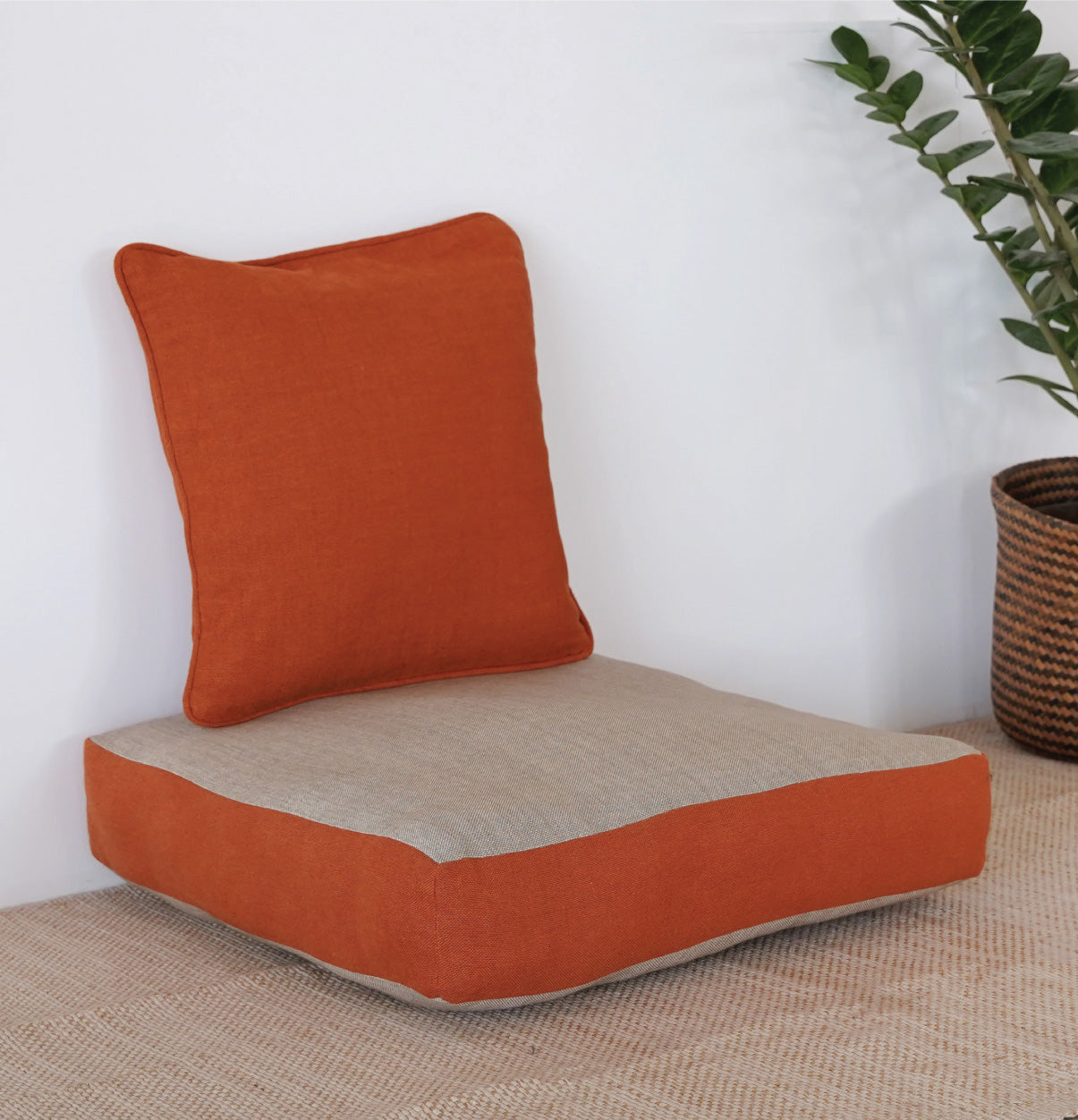Large Floor Cushion (20x20") for Lounging & Meditation - Grey with Burnt Orange Piping - 100% Cotton - Eco-Friendly-0