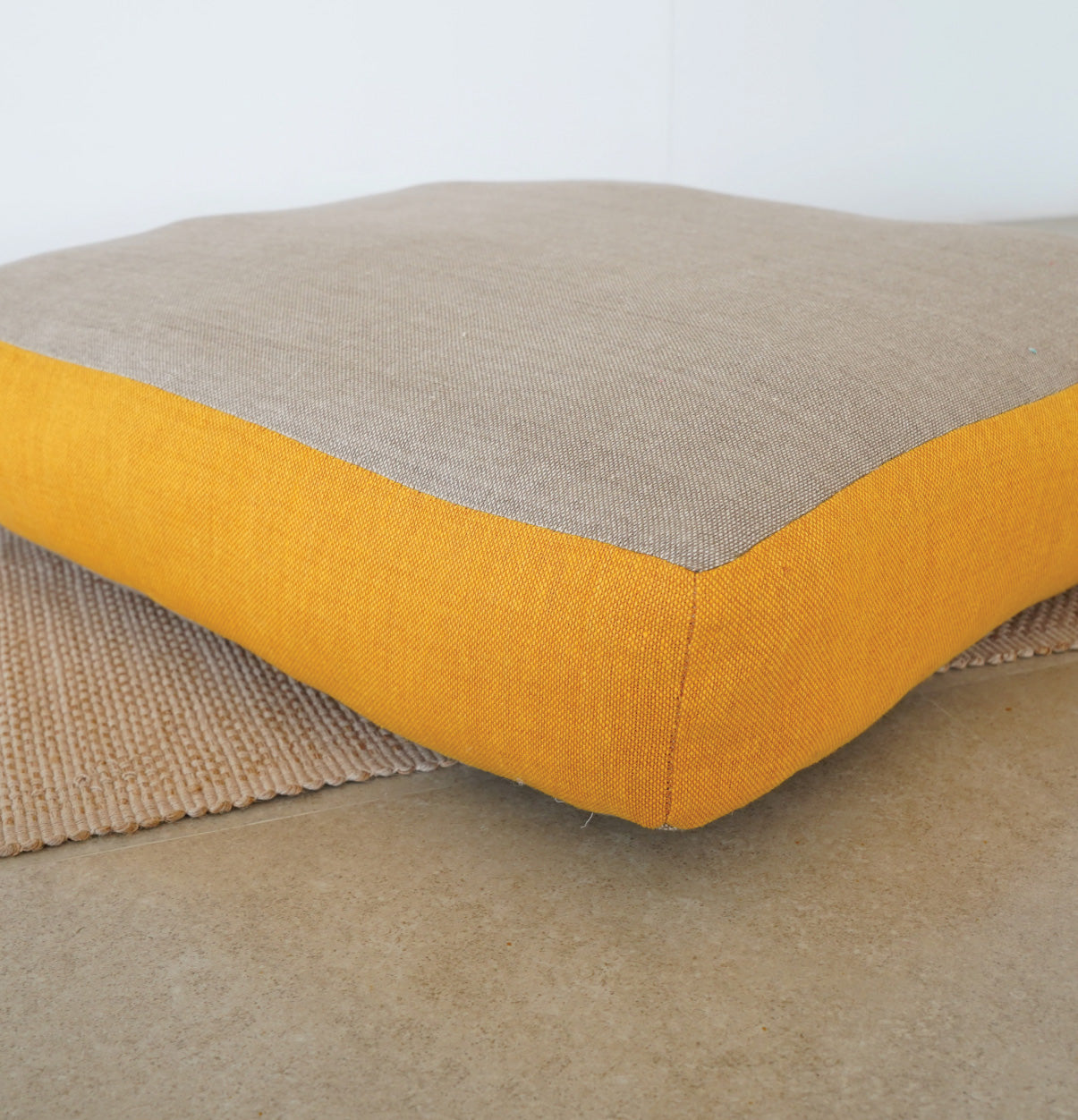 Large Floor Cushion (20x20") for Lounging & Meditation - Grey with Mustard Yellow Piping - 100% Cotton - Eco-Friendly-1