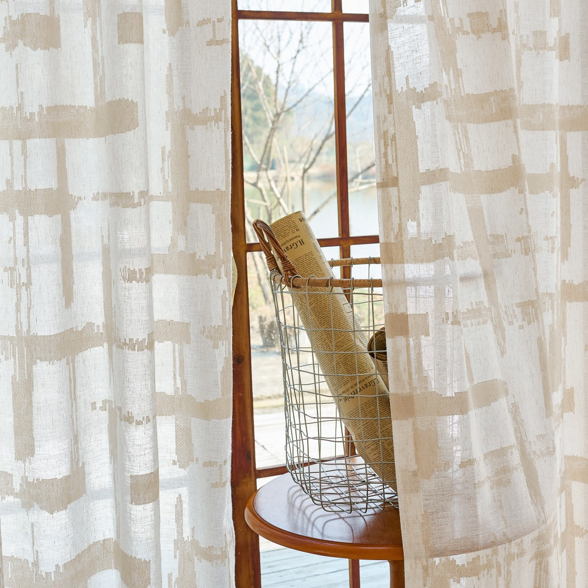 Chanda Beige Abstract Plaid Linen Sheer Curtains