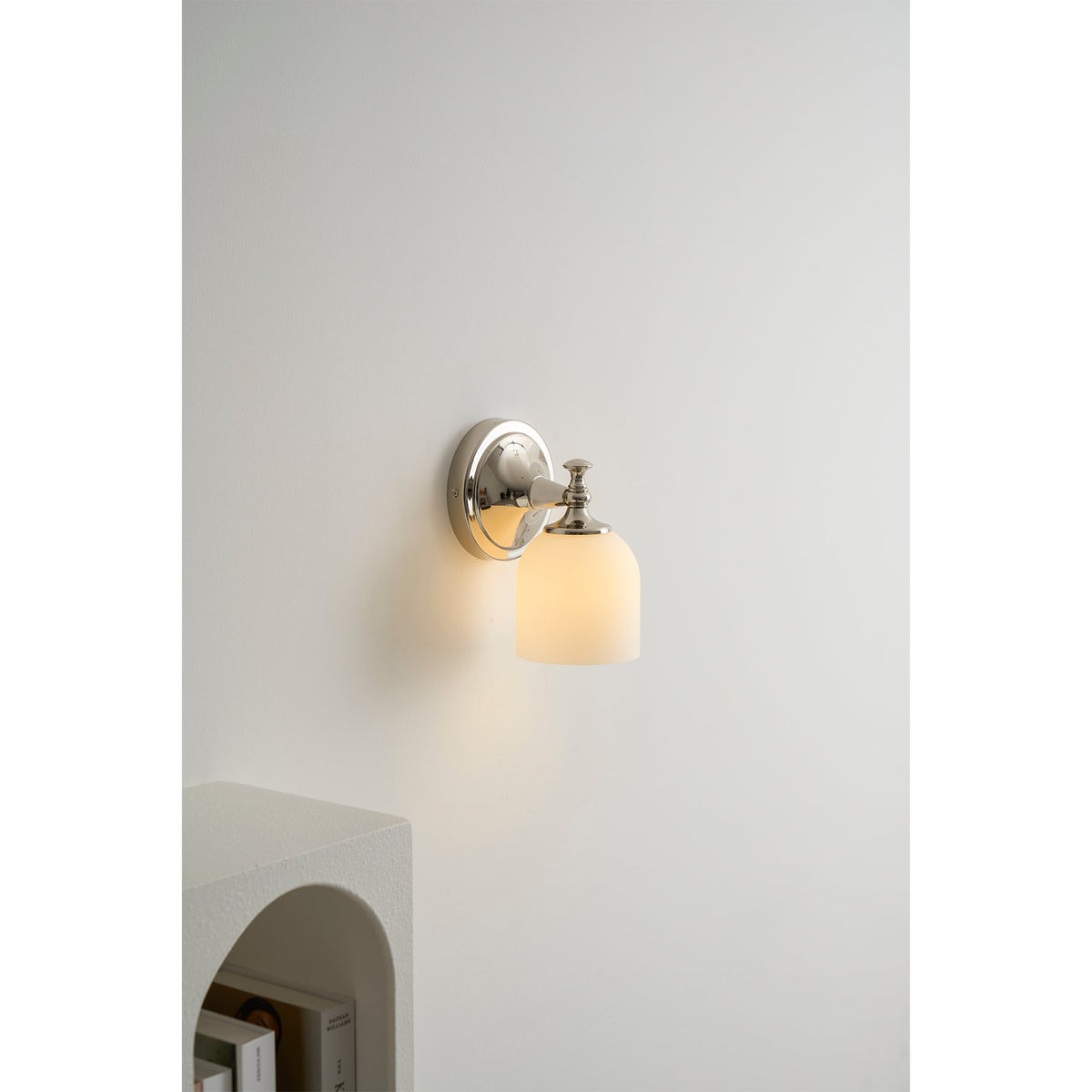 Vanity Glow Series | Brass Short Arm Wall Sconce with Milk Glass Dome for Bathroom