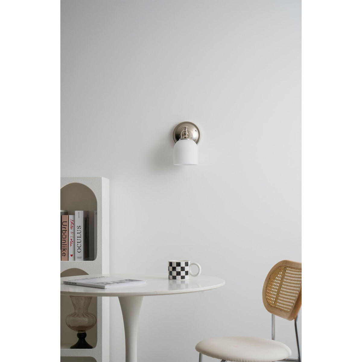 Vanity Glow Series | Brass Short Arm Wall Sconce with Milk Glass Dome for Bathroom