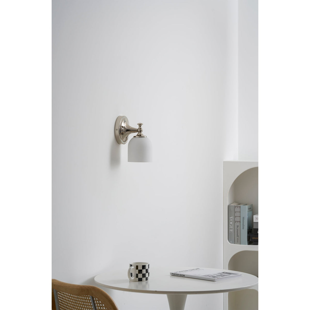Vanity Glow Series | Brass Short Arm Wall Sconce with Milk Glass Dome for Bathroom