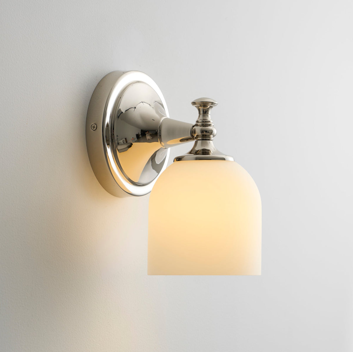 Vanity Glow Series | Brass Short Arm Wall Sconce with Milk Glass Dome for Bathroom