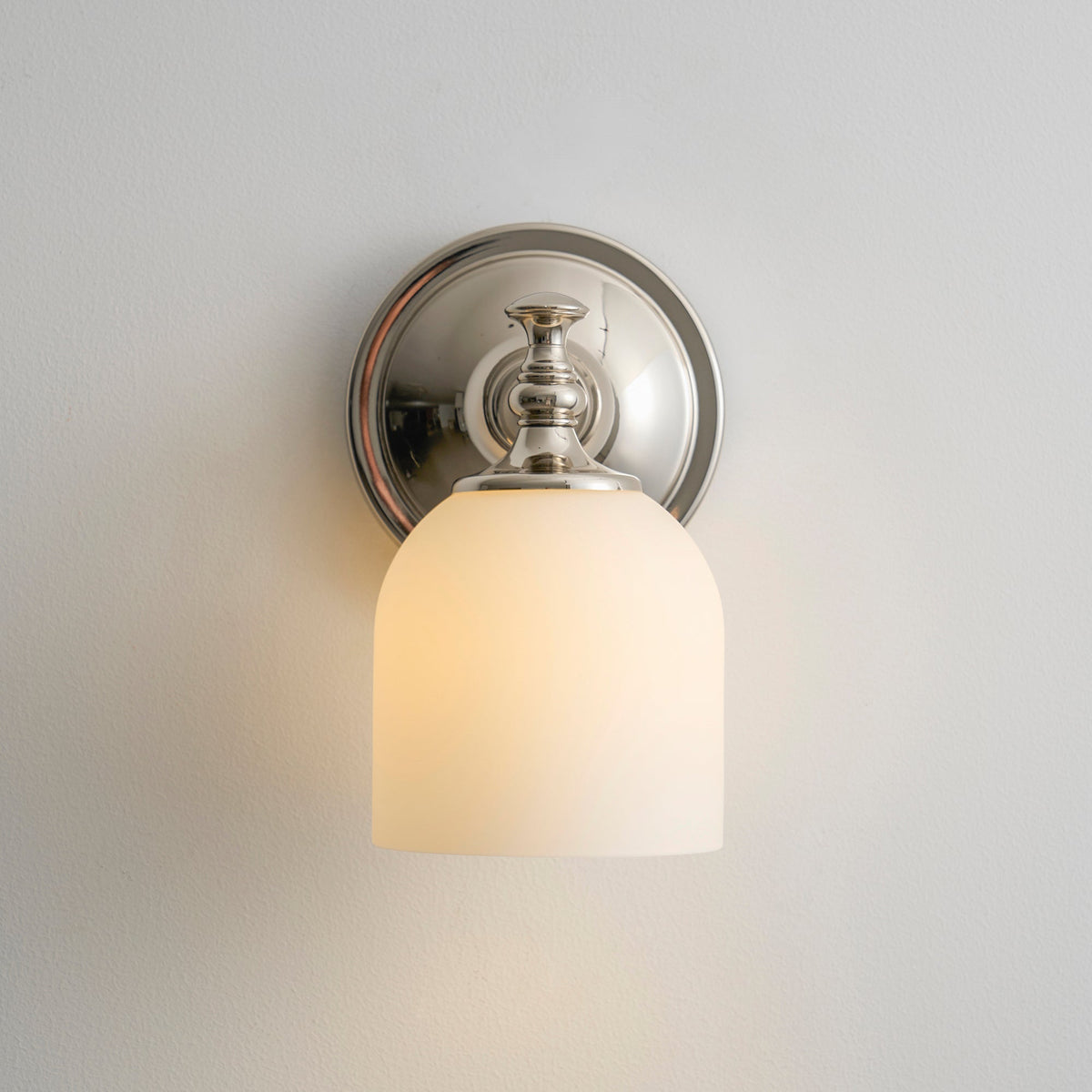 Vanity Glow Series | Brass Short Arm Wall Sconce with Milk Glass Dome for Bathroom