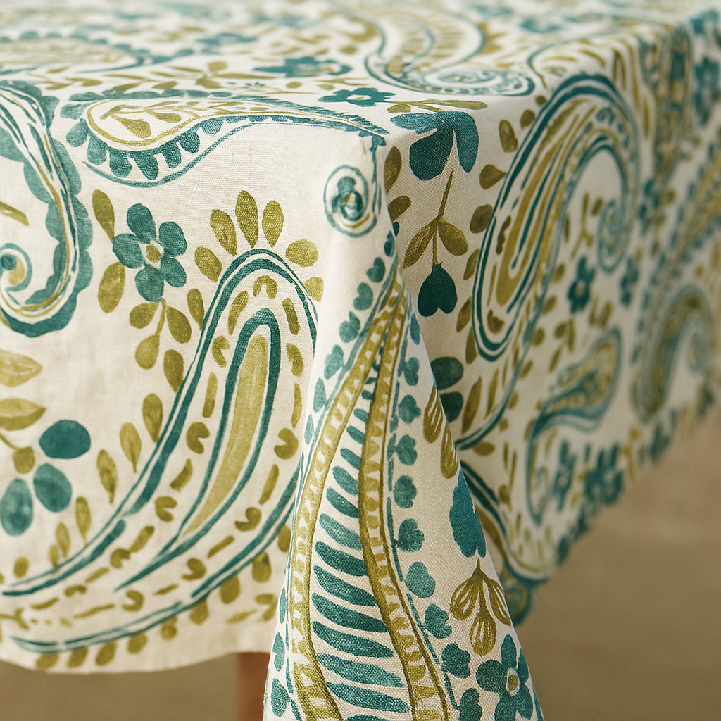 Organic Linen Paisley Tablecloth – White Teal, White Sand, Ivory Multi, Beige Navy, Mineral Red – Rectangular, Square & Round Sizes-2