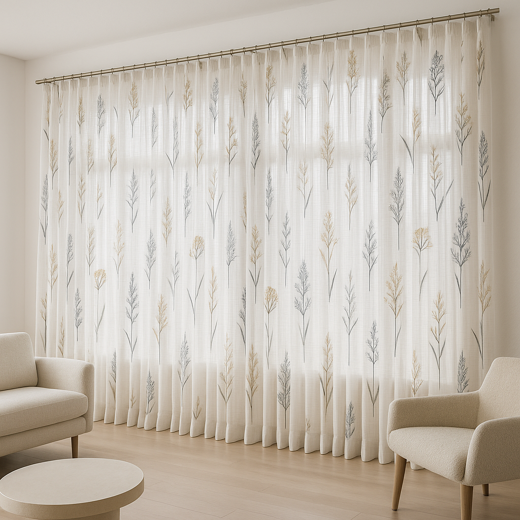 Embroidered Pure Linen Sheer Curtains – Botanical Design – Light Filtering – 4 Colour Variants – Custom Sizes-1