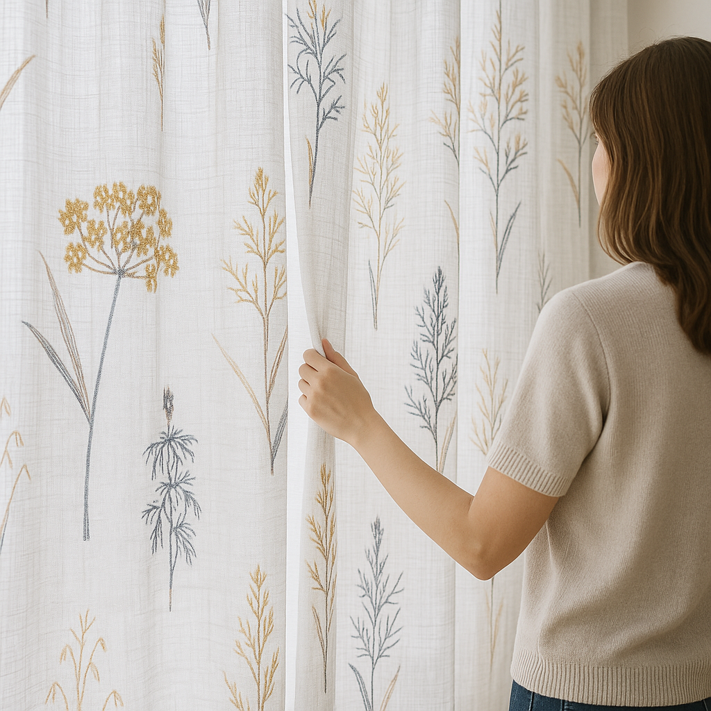 Embroidered Pure Linen Sheer Curtains – Botanical Design – Light Filtering – 4 Colour Variants – Custom Sizes-0