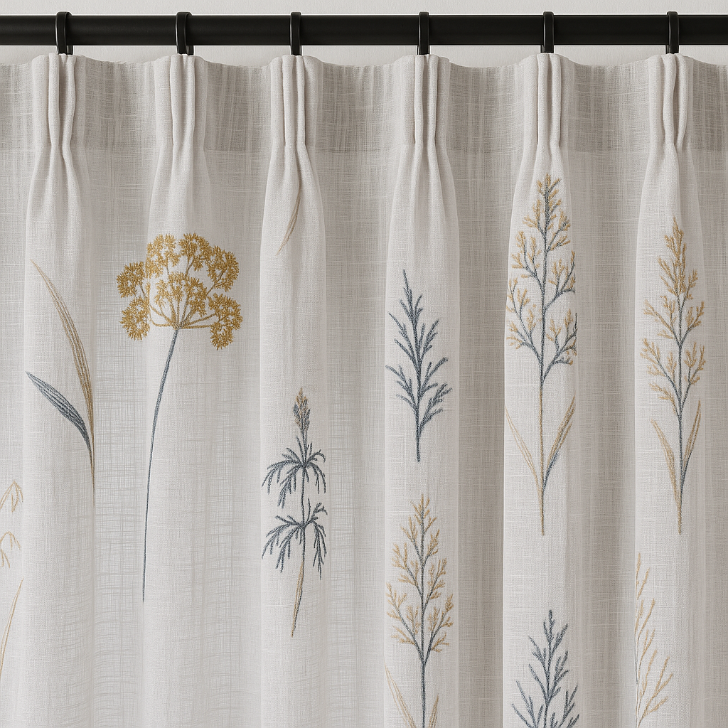 Embroidered Pure Linen Sheer Curtains – Botanical Design – Light Filtering – 4 Colour Variants – Custom Sizes-2