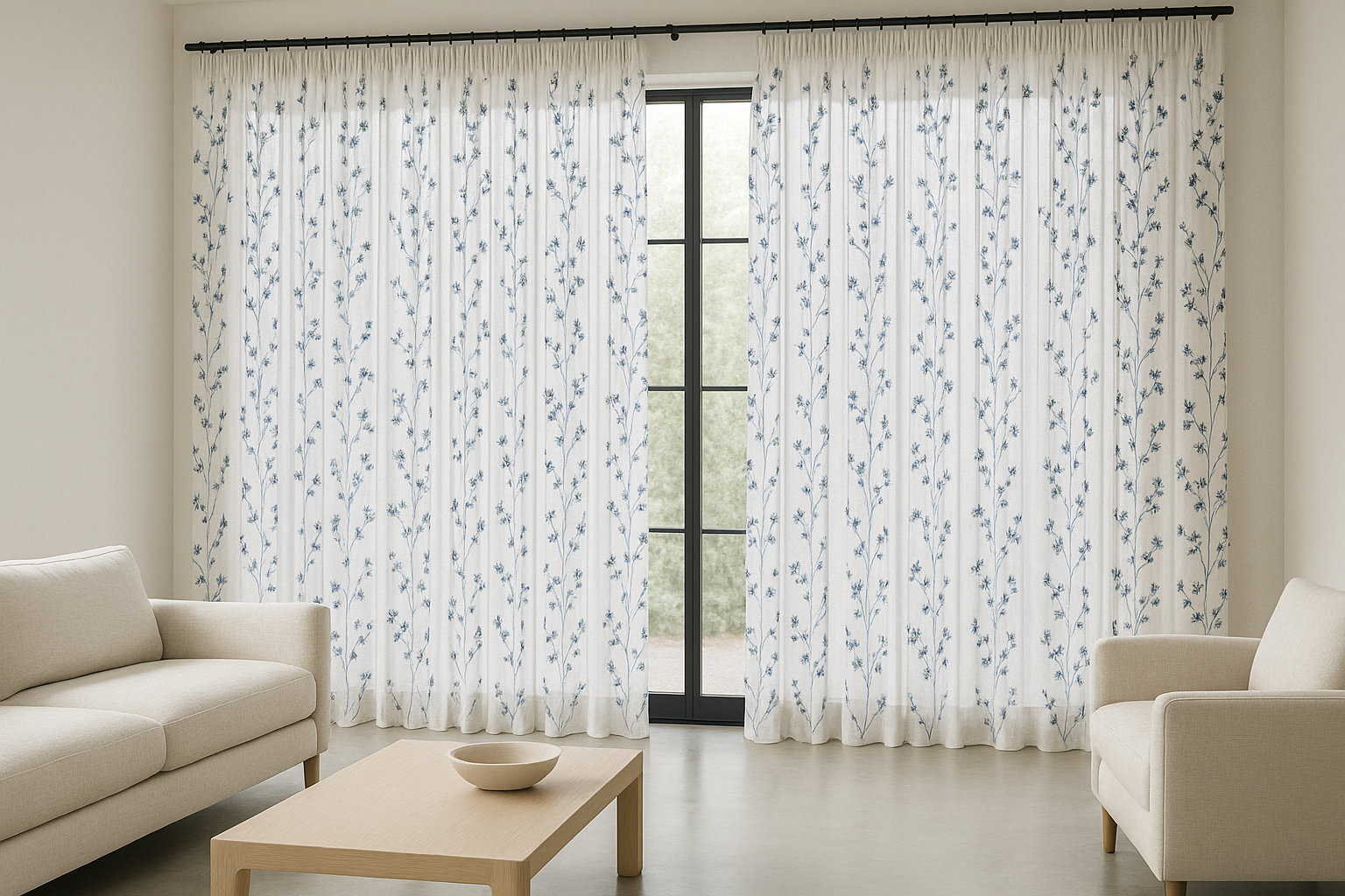 Embroidered Linen Sheer Curtains – Light Filtering – Blue, Red, Pink & Gold – Custom Sizes – Rod or Track Compatible-1