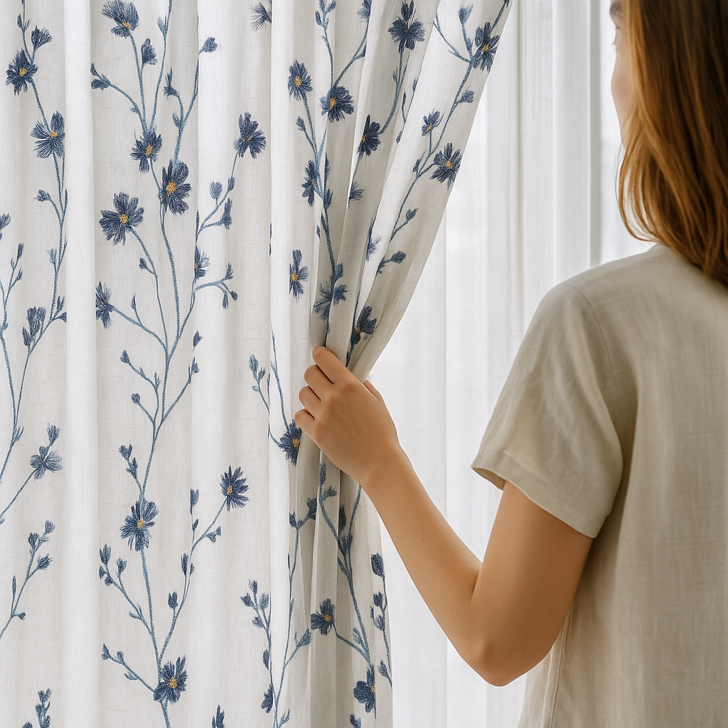 Embroidered Linen Sheer Curtains – Light Filtering – Blue, Red, Pink & Gold – Custom Sizes – Rod or Track Compatible-0