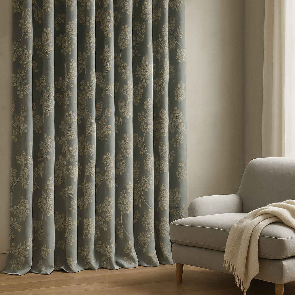 Linen Jacquard Curtains with Leafy Vine Pattern – Custom Sizes – 9 Colour Variants – Light Filtering or Blackout Lining – 4 Heading Styles-1