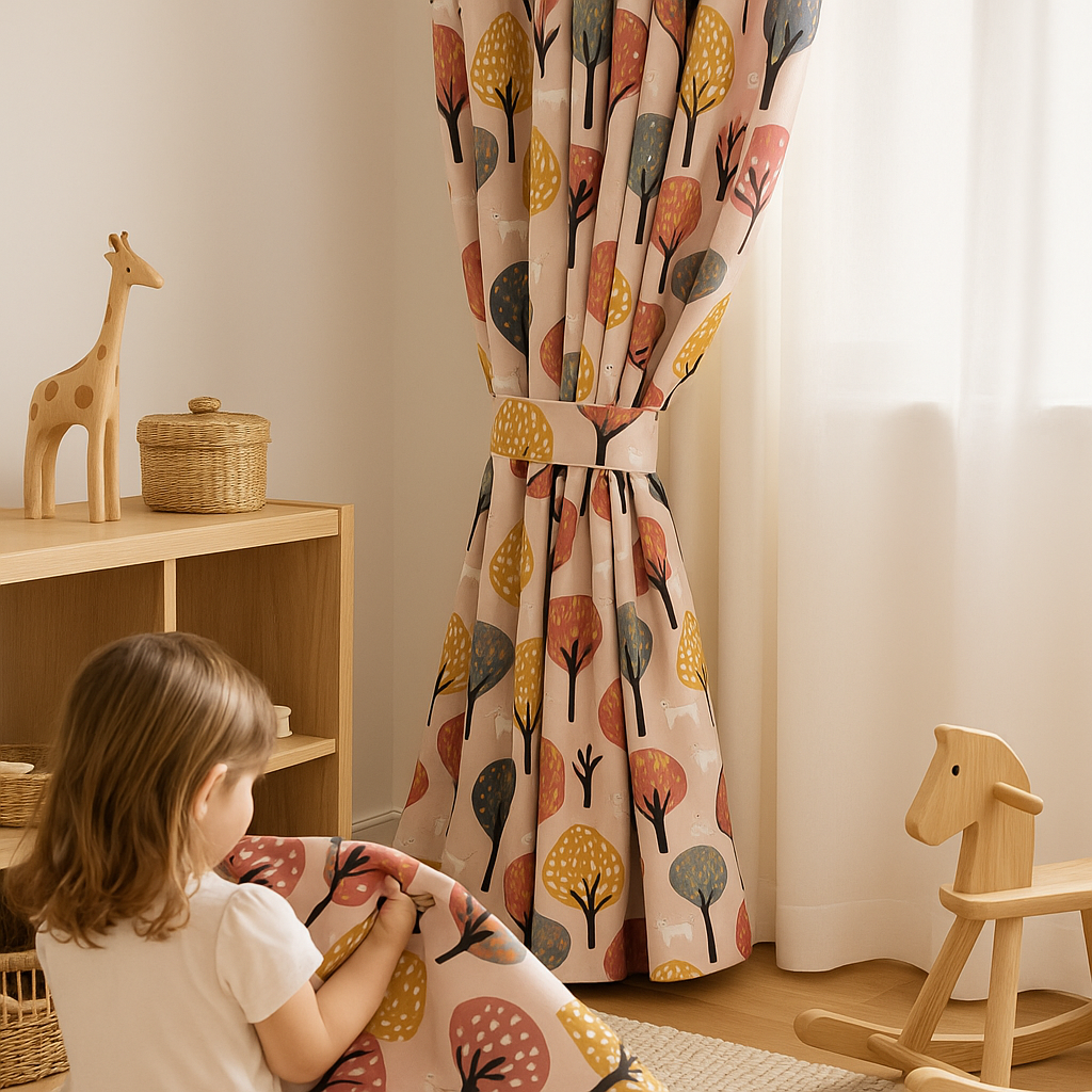 Woodland Deer Cotton Curtains – Autumn Tree & Deer Print Drapes, Light-Filtering or 100 % Blackout-1