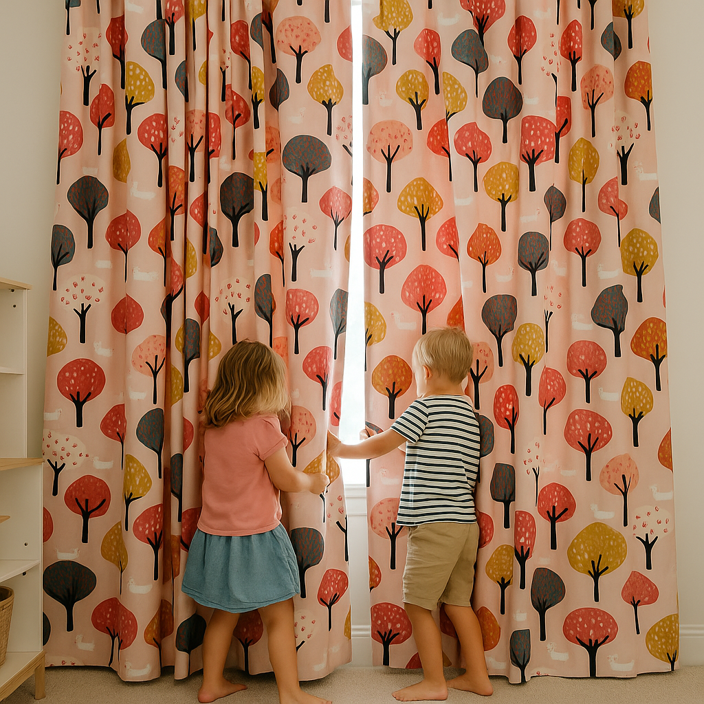 Woodland Deer Cotton Curtains – Autumn Tree & Deer Print Drapes, Light-Filtering or 100 % Blackout-2