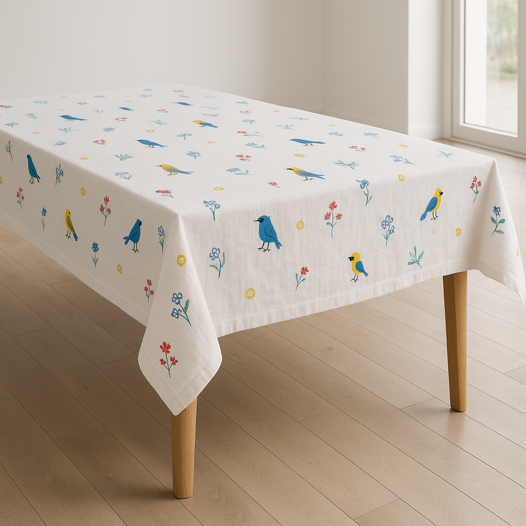 Embroidered Birds & Flowers Pure Linen Tablecloth – Square, Rectangular & Round – Custom Sizes Available – Elegant Table Cover for Dining & Living-4