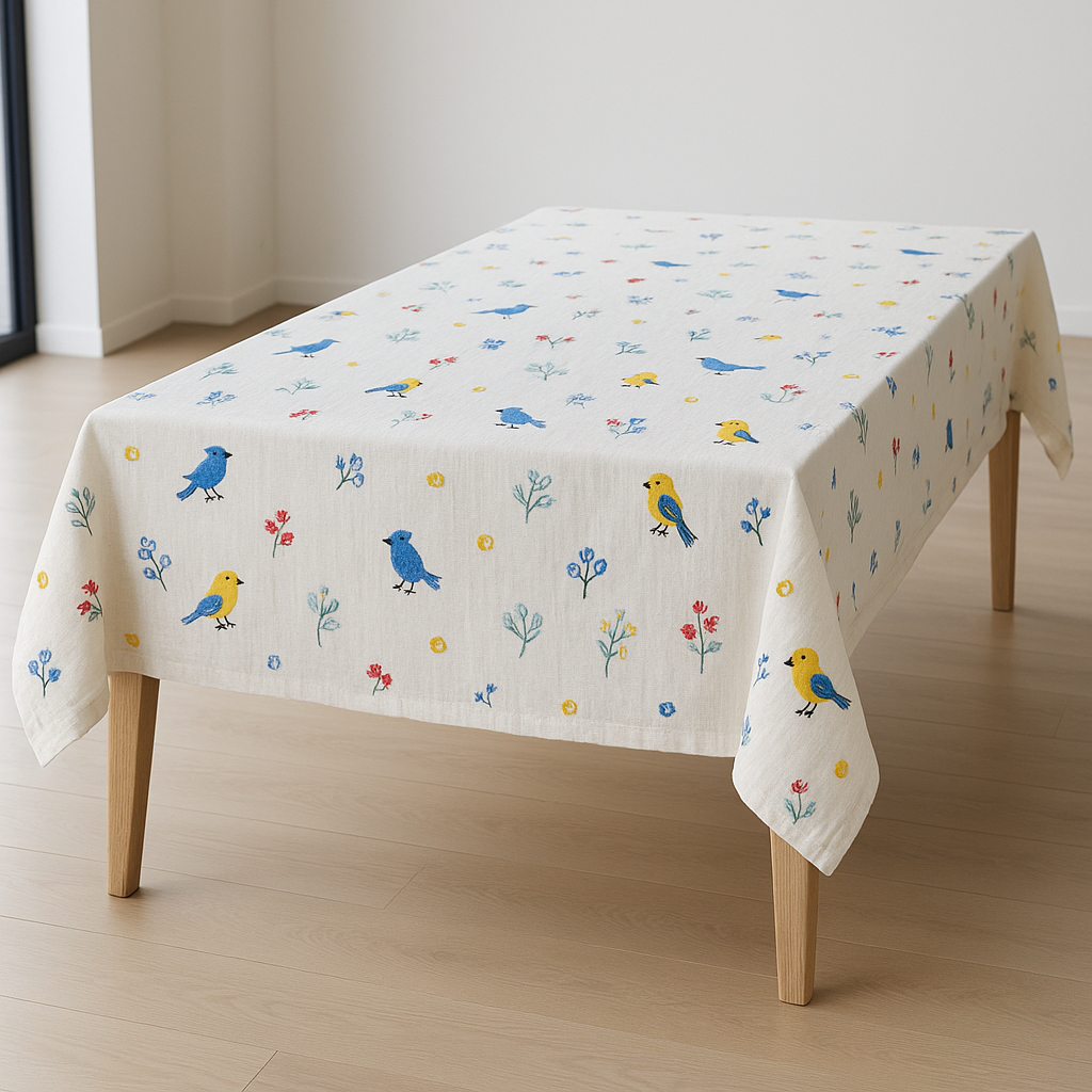 Embroidered Birds & Flowers Pure Linen Tablecloth – Square, Rectangular & Round – Custom Sizes Available – Elegant Table Cover for Dining & Living-0