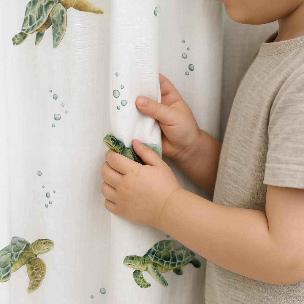 Sea Turtle Print Pure Linen Kids Curtains - Custom Sizes, Light Filtering or 100% Blackout Lining Options - Multiple Heading Styles - Made to Measure Curtains-0