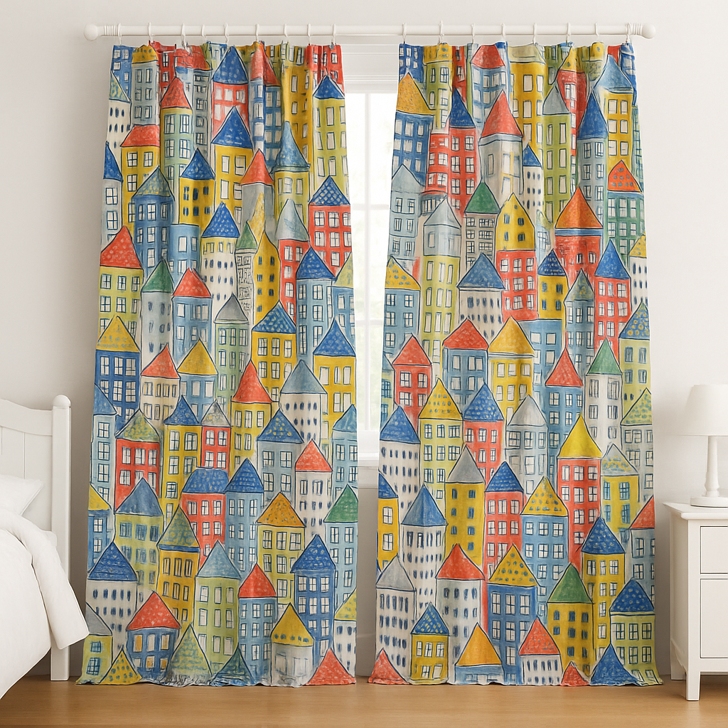 Kids Room Linen Blackout Curtains with Colourful City Print — Extra Wide & Long — Custom Sizes & Headings — Single or Pair — Light Filtering or 100% Blackout Lining-1